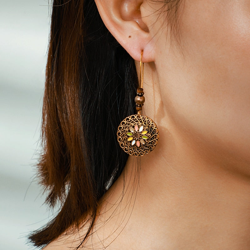 Mandala Flowers Long Drop Earrings