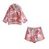Vintage Red Peahen Print Suit With Scarf