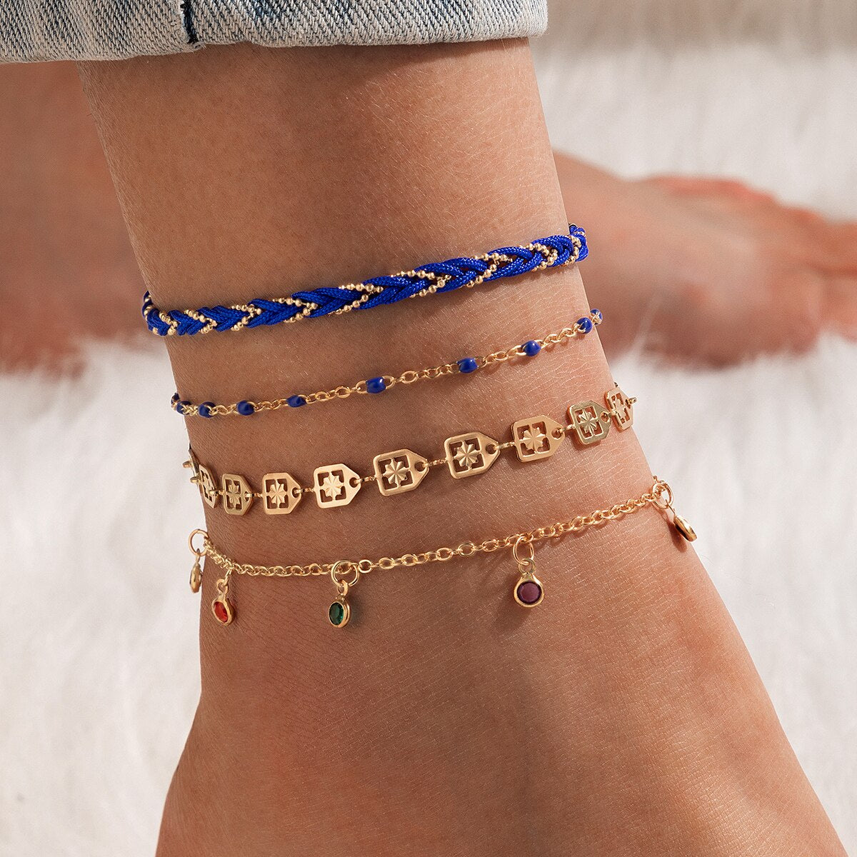 Bohemia Colorful Gem Tassel Anklets - 4 PIECES SET