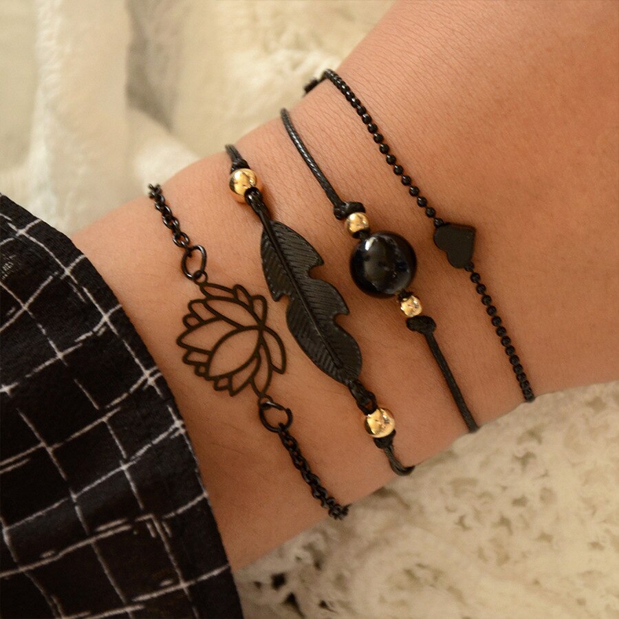 Gothic Black Feather Lotus Bracelet