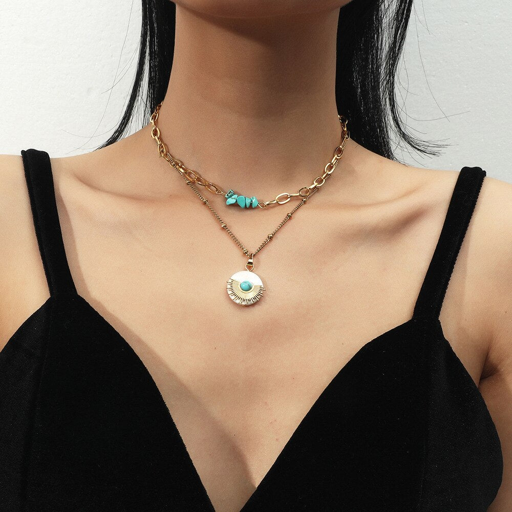 Double Turquoise Sun Necklace
