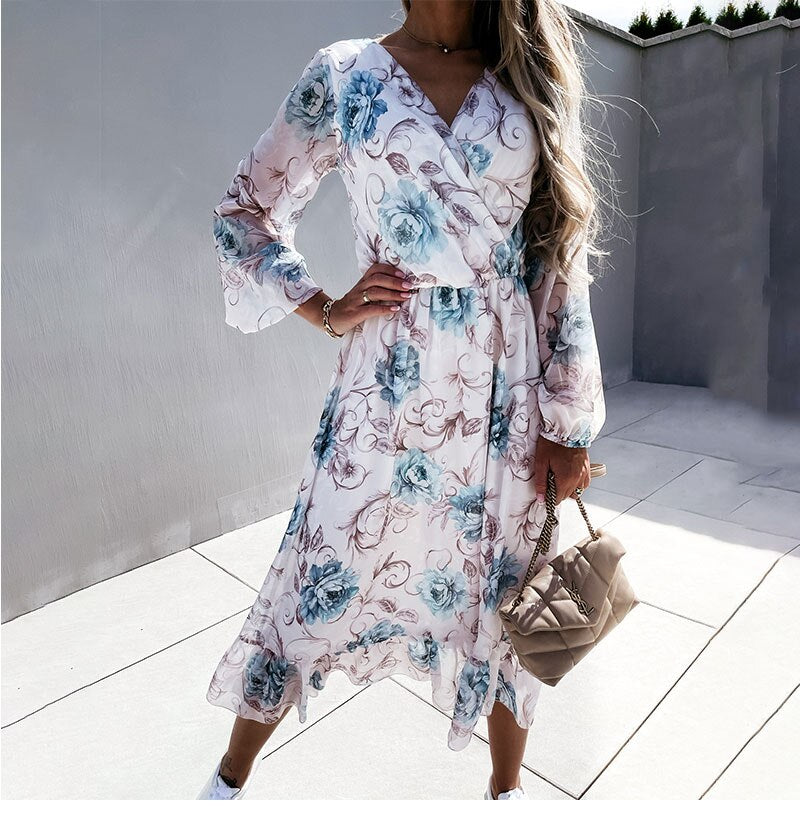 Blue White Print Floral Dress
